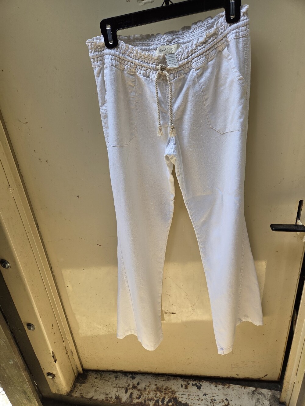 White Kiss & Cry Causal Flare Leg Linen & Cotton Elastic Plus Drawstring Pants